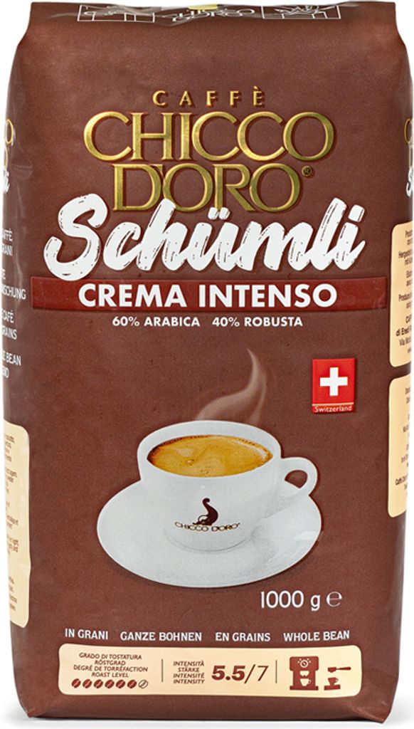 A bag of Chicco d'Oro Schümli Crema Intenso whole bean coffee.