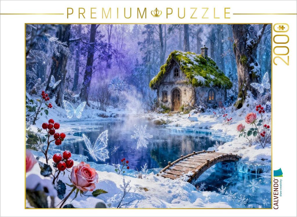 CALVENDO Puzzle Winter‐Cottage am Bach mit Brücke und Rosenzauber | 2000 Teile Lege-Größe 90x67cm Foto-Puzzle für glückliche Stunden