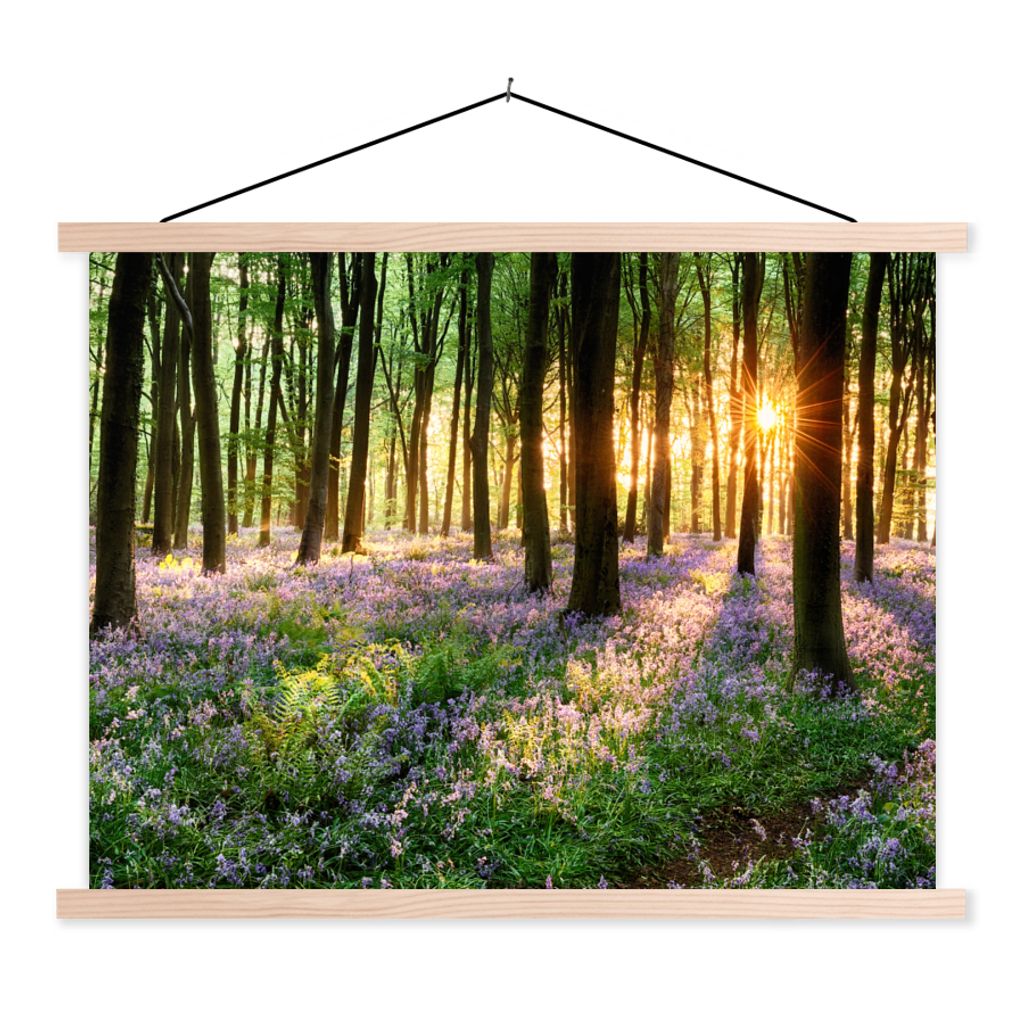 MuchoWow Textilposter Wald - Blumen - Lavendel - Sonne - Lila - Natur 60x45 cm mit holzfarbenen Rahmen - Bild