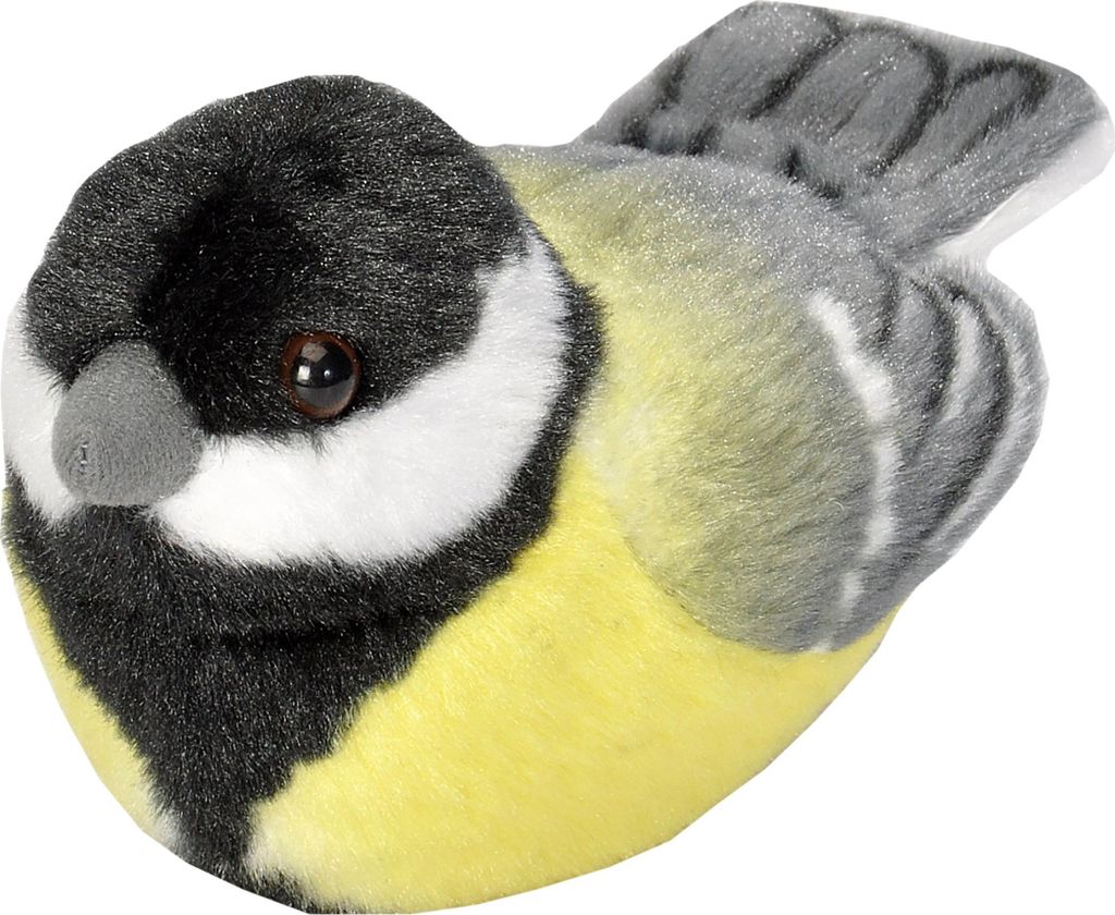 A plush toy bird, likely a great tit, is shown against a white background.