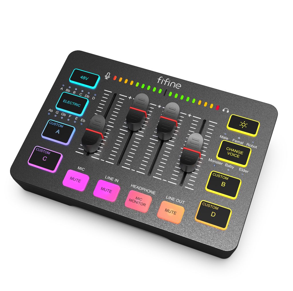 FIFINE Gaming Audio Mixer Streaming RGB PC Mixer mit XLR Mikrofon Interface, Schwarz