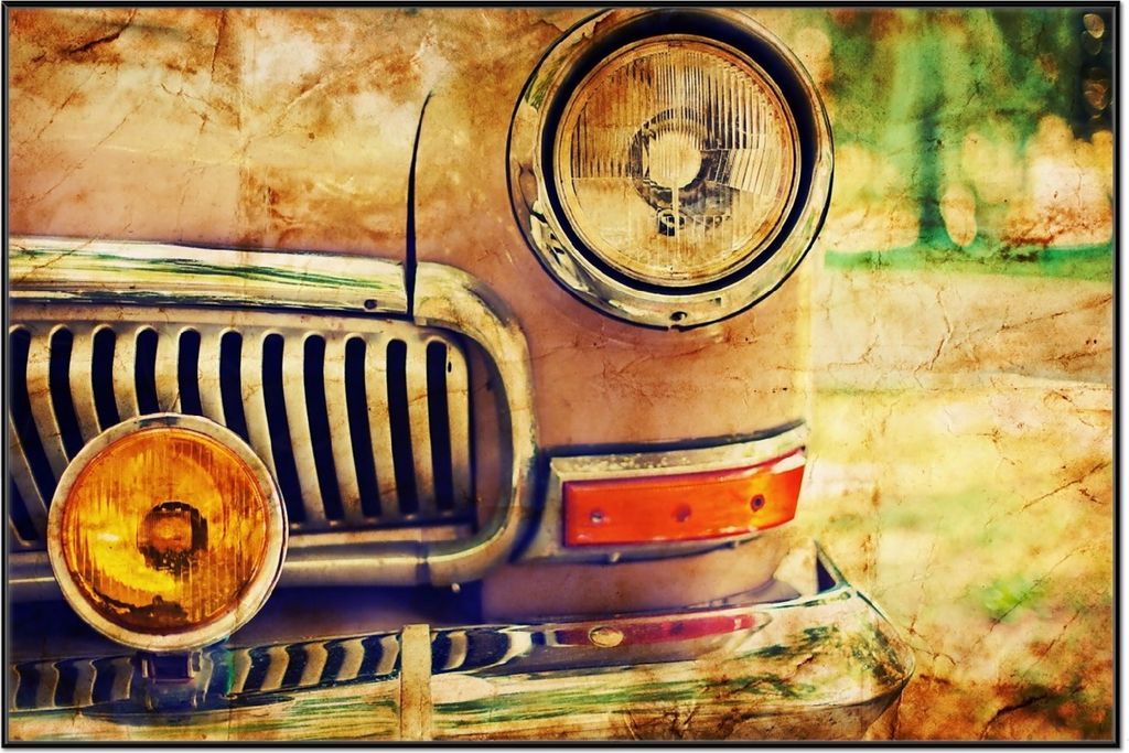 Wallario Wandbild Antiker Oldtimer in Sepiafarben - Frontansicht, Größe: 61 x 91,50 cm, Poster mit schwarzem Aluminiumrahmen