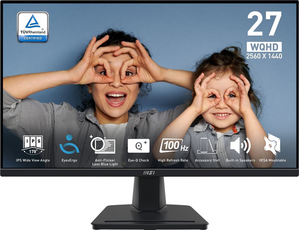 A woman and a child are making eye contact with their fingers around their eyes, with a computer monitor in the foreground.