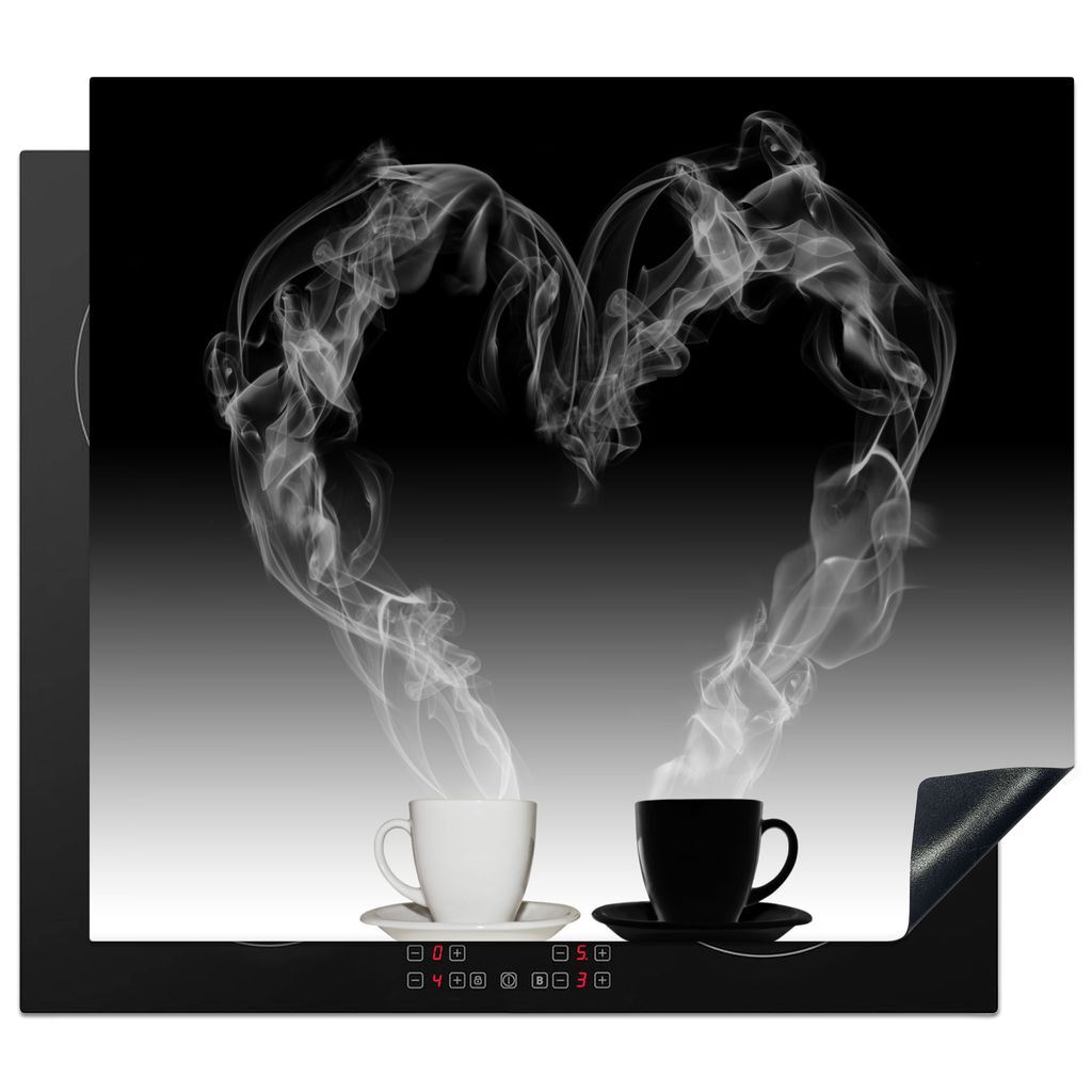 KitchenYeah Herdabdeckplatte Kaffee - Herz - Wasserdampf - Schwarz - Weiß , 60x52cm, Küche Deko, Glaskeramikkochfeld Herdabdeckung, Abdeckplatt...