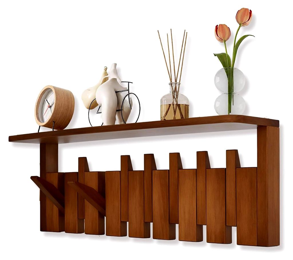 Wandgarderobe aus Holz mit Ablage 52 cm und 8 Haken, klappbar, kreativer Garderobenständer für Türen, Eingänge, Badezimmer und Wohnzimmer