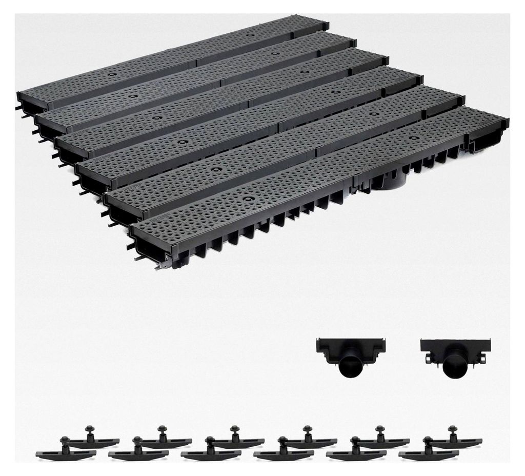 6m Entwässerungsrinne Terrassenrinne Stegrost Kunststoff komplett SET, System A15 70mm, Schwarz Decor