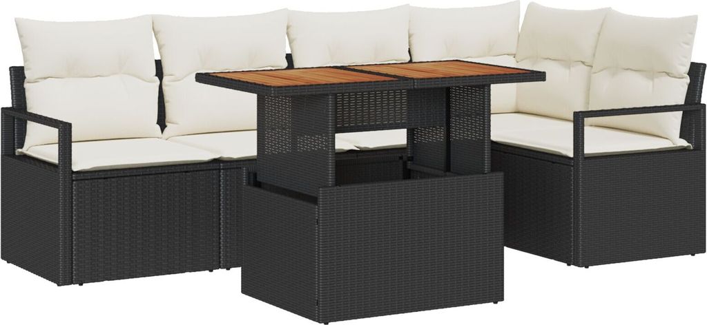 Langlebige 6-teiliges Garten Sofaset mit Kissen Schwarz Poly Rattan Akazie, 2-Sitzer Garten Sofa mit Kissen Schwarz Poly Rattan - Gartensofas Möbe...
