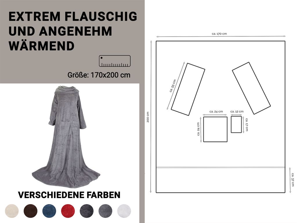 Kuscheldecke mit Ärmeln, 170x200 cm, grau Produktbild 2