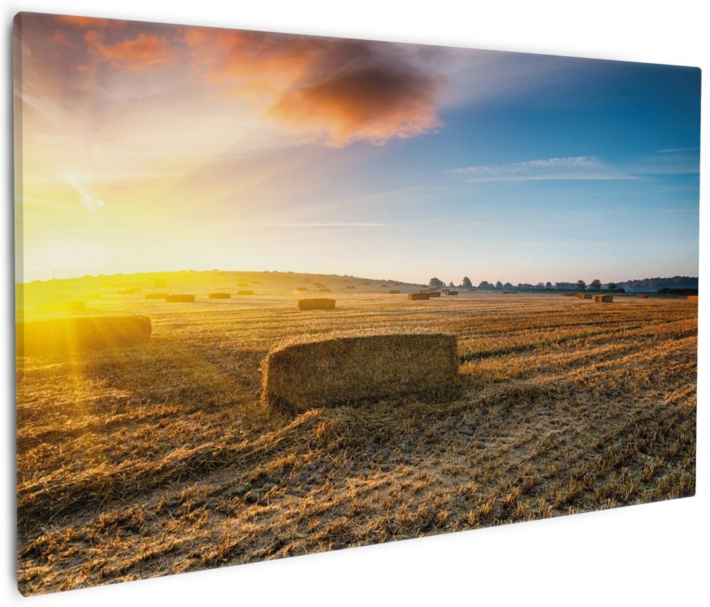 Wallario Premium Leinwandbild Stroh auf dem Feld bei untergehender Sonne in Größe 60 x 90 cm