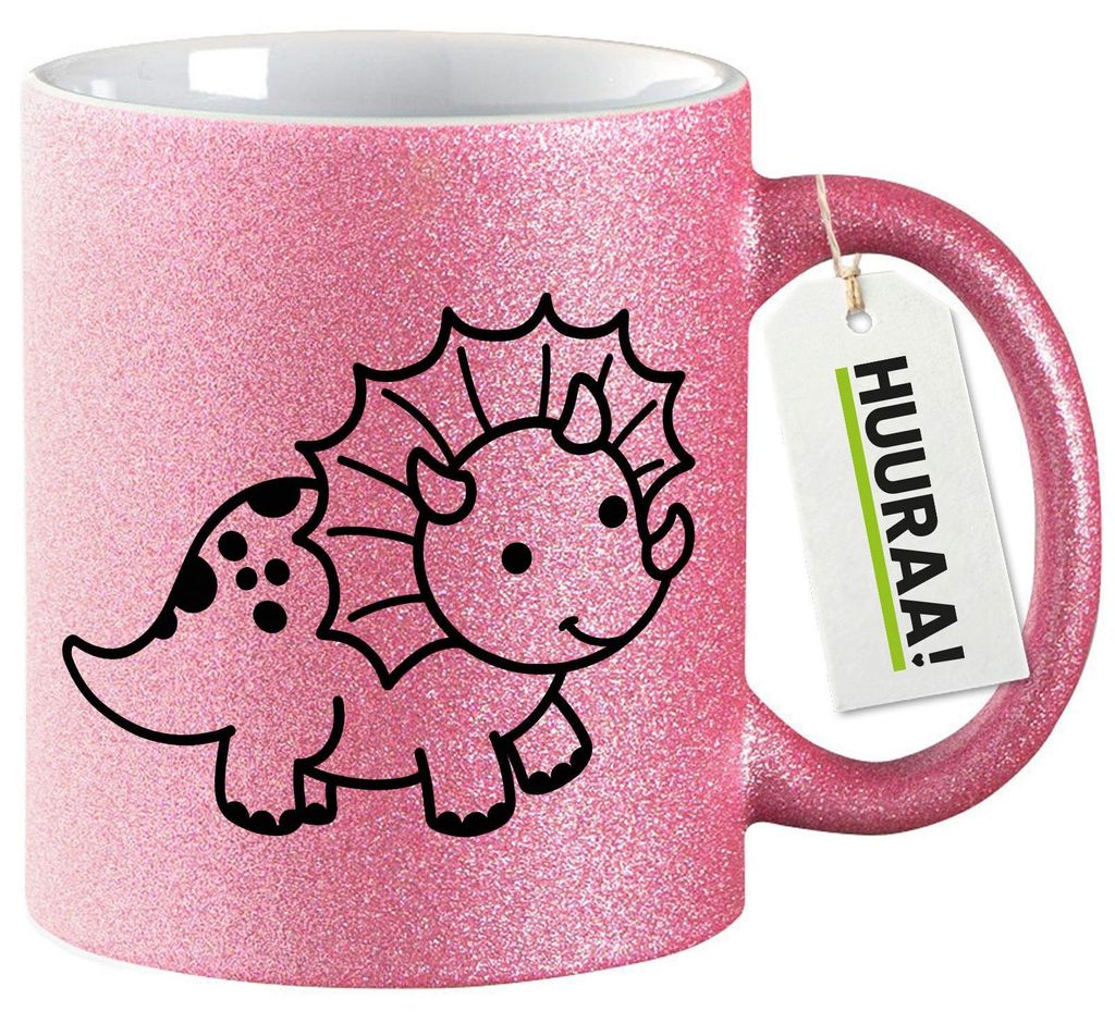 Huuraa Glitzertasse Triceratops Dinosaurier 330ml Pink Keramik Kaffeebecher Geschenkidee