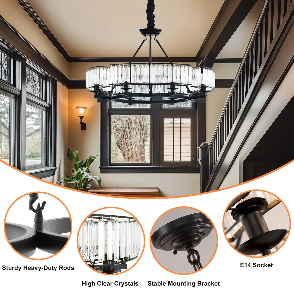 Plafonnier design cristal 6 mèches LED 24W luminaire noir chic et moderne
