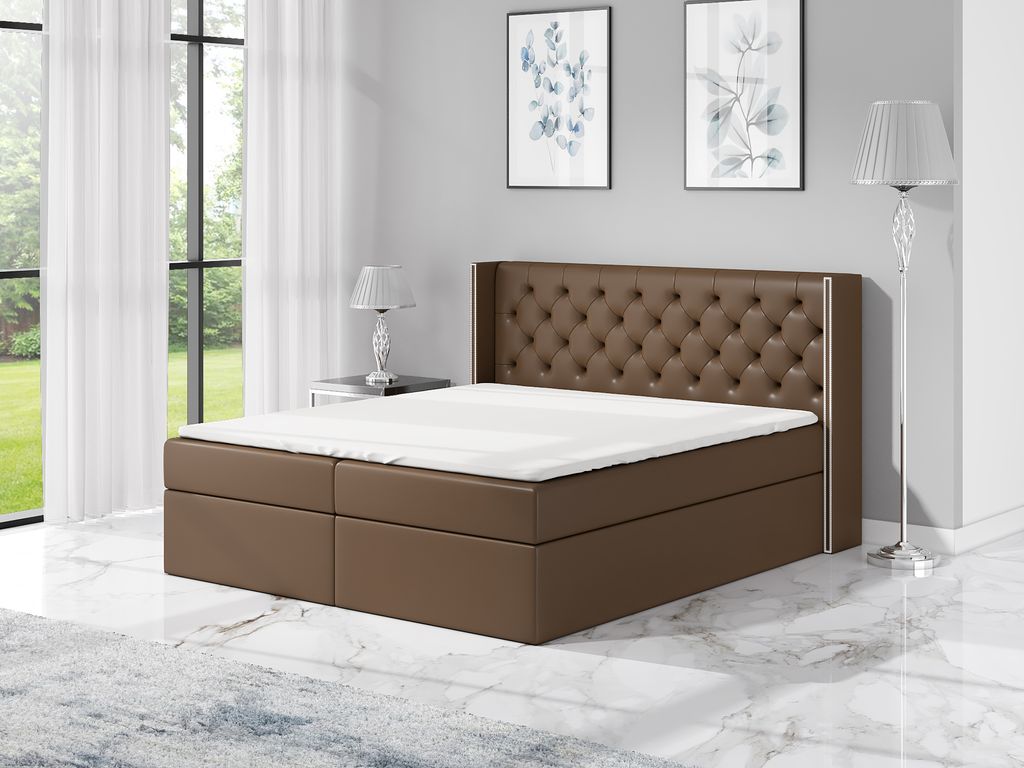 Boxspringbett BARO 180x200 mit 2 Bettkästen, Bonell-Matratze und Topper. Dekorative Stifte an den Seiten der Kopfstütze. Bett Komplett-Set mit Ma...