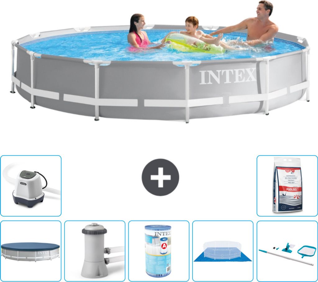 Intex Pool mit rundem Prismenrahmen – 366 x 76 cm – Grau – im Lieferumfang enthalten Abdeckung - Filterpumpe für Schwimmbad - Filter - Boden...
