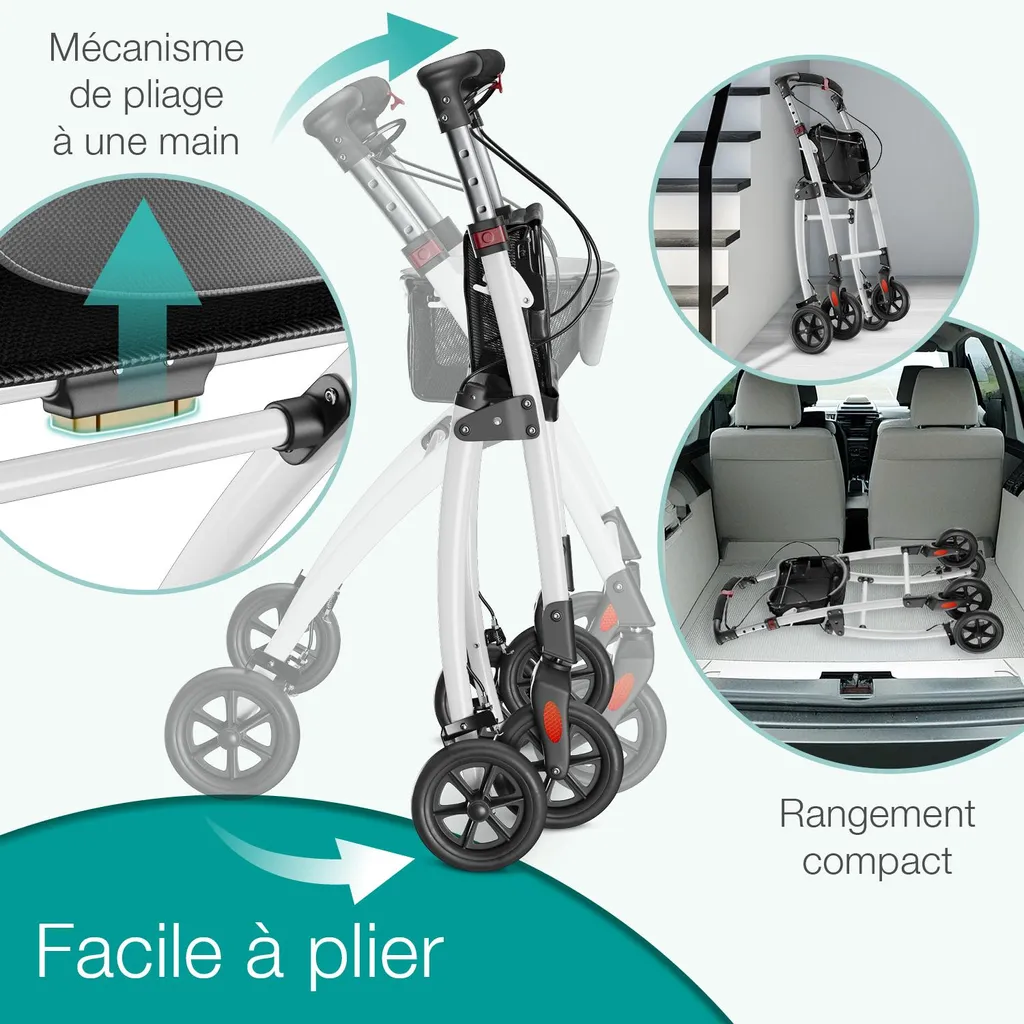 Rollator d'appartement ELONEO pliable et compact de 54cm de large