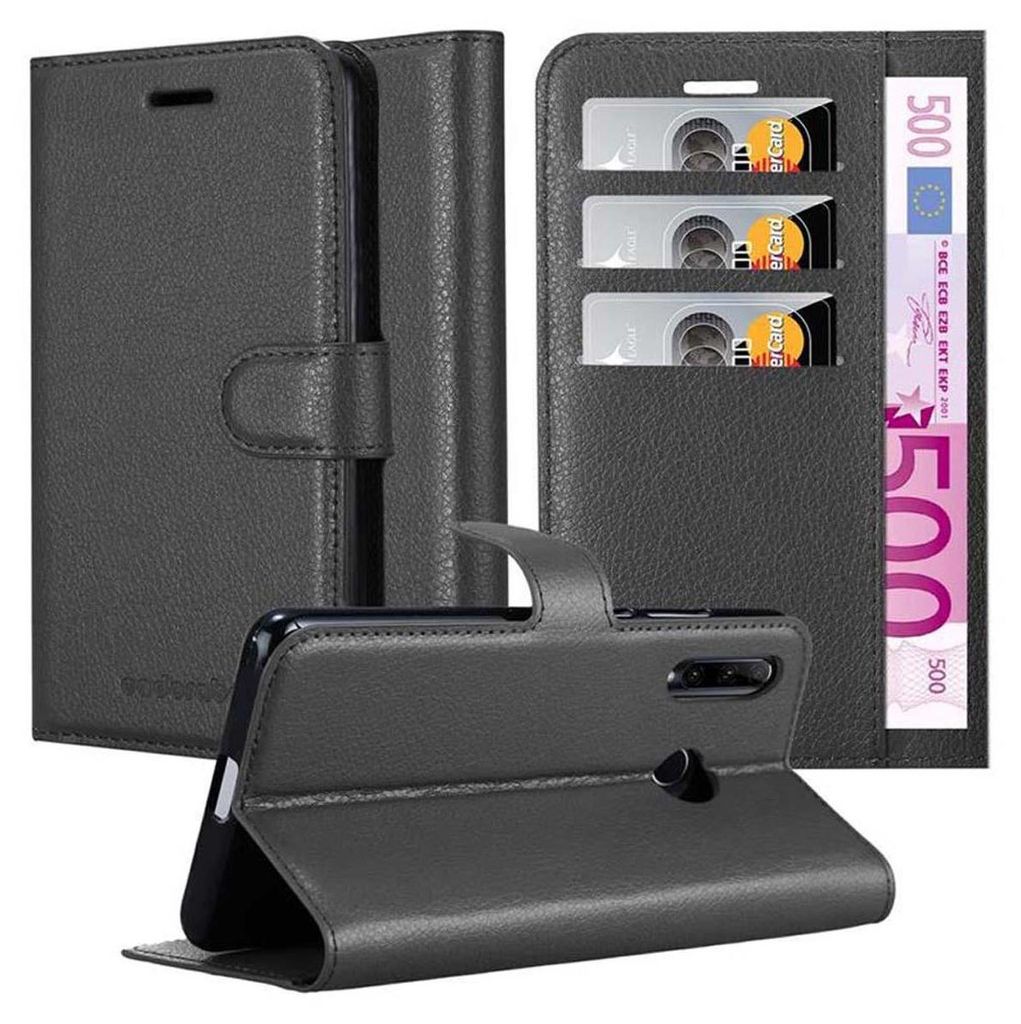 A black leather flip case for a smartphone, shown open and partially closed.