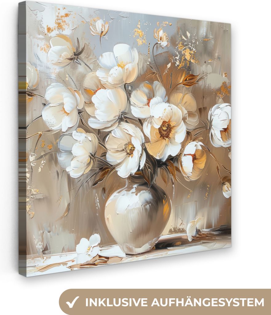 MuchoWow - Leinwandbilder - Vase - Blumen - Kunst - Gold, Wandbild, Wanddeko Bilder Wohnzimmer, 50x50 cm