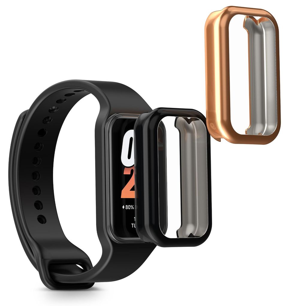 kwmobile 2x Silikon Hülle für Xiaomi Smart Band 8 Active / Redmi Band 2 Schutzhülle - Fullbody Display Cover Set aus Silikon - Schwarz Rosegold