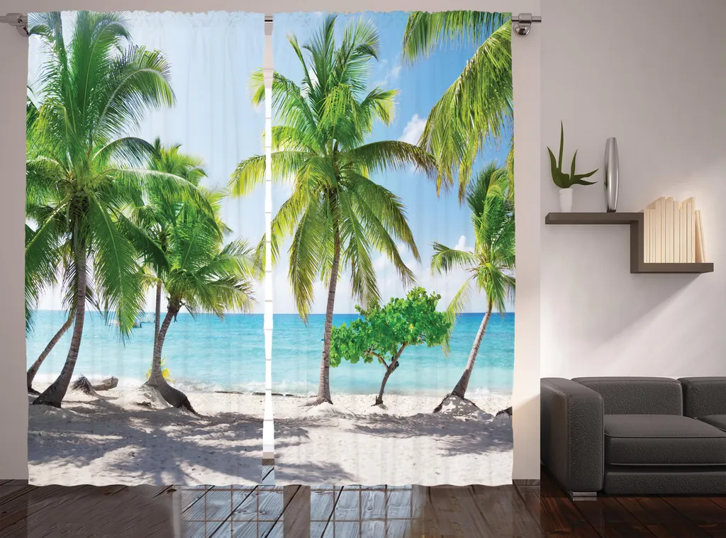 ABAKUHAUS Rideau Rustique Plage et Palmiers 280x225cm Vert Aqua