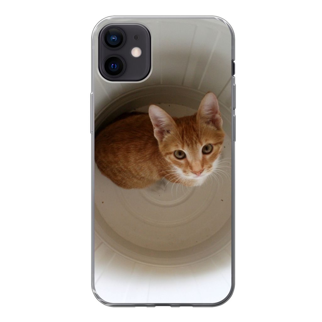 MuchoWow Handyhülle Schutzhülle Hülle für iPhone 12 mini Katze - Mülleimer - Weiß Silikon Softcase Handy Hülle - Bild