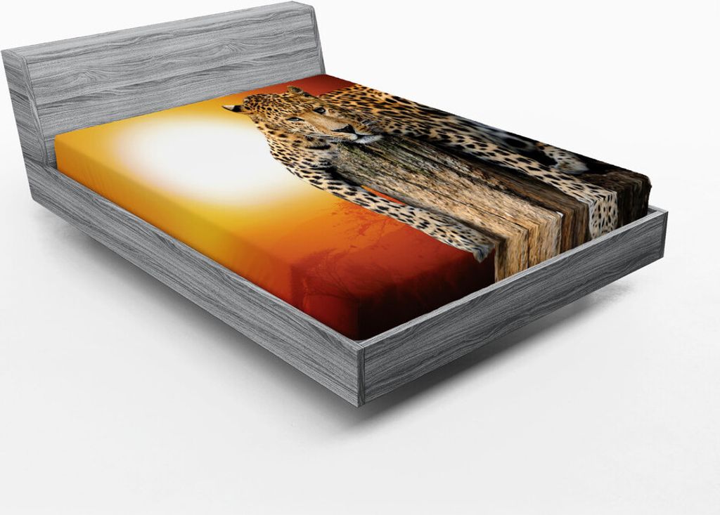 ABAKUHAUS Safari Spannbetttuch, Leopard Auf Trockenem Baum Sitzt Gefahr In Der Luft Sonne Große Katze Mit Form, 135 x 190 cm, Orange und Braun