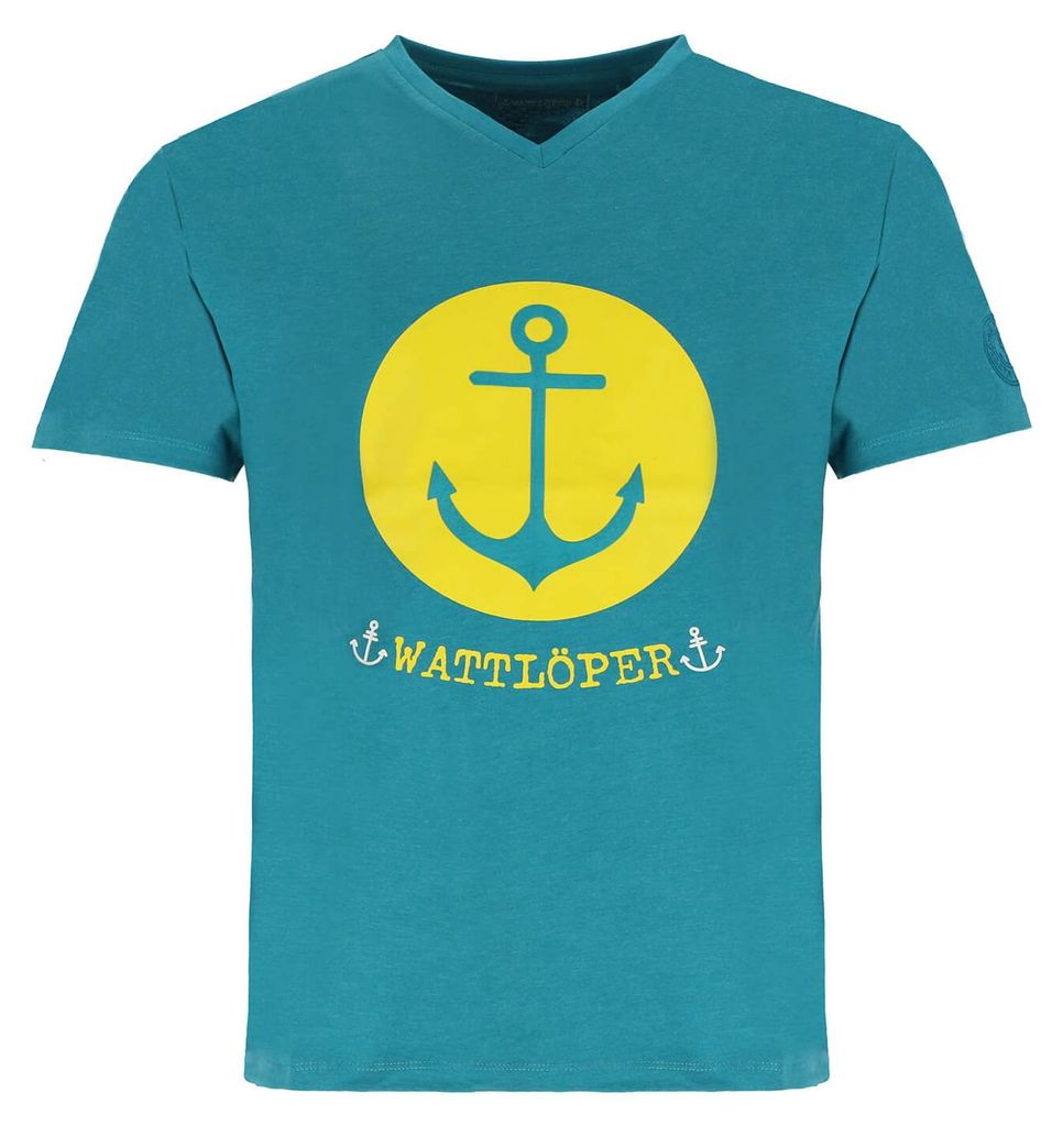 Wattlöper Herren T-Shirt mit Anker-Prägedruck im Kreis-Print - Kurzarm-Shirt mit V-Ausschnitt in Petrol Größe 4XL