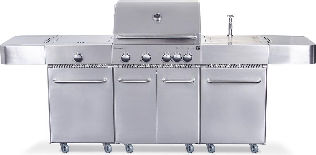 A stainless steel gas grill with multiple burners and side shelves, presented on a white background.