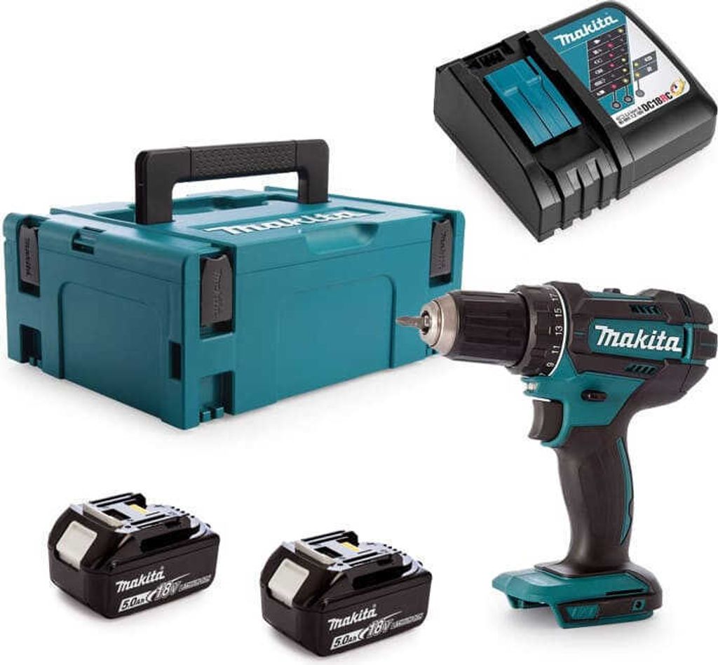 A collection of Makita power tools and accessories, including a drill, batteries, charger, and storage case, arranged on a white background.