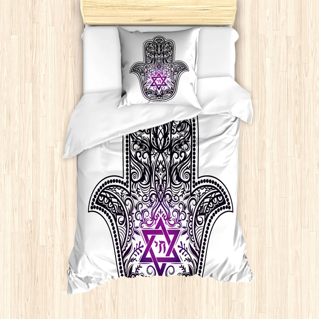 ABAKUHAUS Set copripiumino Hamsa per letti singoli, disegni a mano di vortici e riccioli, antiacaro e anallergico, con federa, 135 cm x 200 cm - 80 x 80 cm, viola scuro e lilla