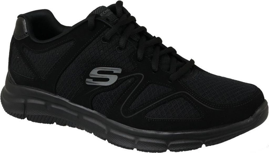 A black Skechers athletic shoe is shown from a side angle against a white background.