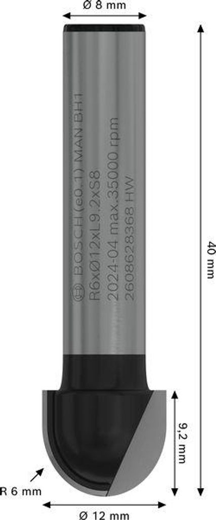 PRO Hohlkehlfräser, R 6, Schaft 8 mm