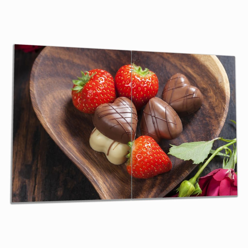 Wallario Herdabdeckplatte aus Glas, Größe 80 x 52 cm 2-teilig, Motiv Romantische Leckereien im Herzen