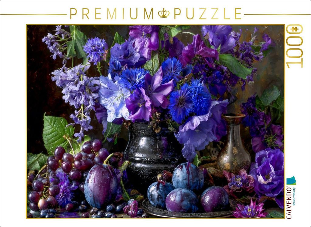 CALVENDO Puzzle Stillleben mit Malven, Zwetschgen und roten Trauben | 1000 Teile Lege-Größe 64x48cm Foto-Puzzle für glückliche Stunden