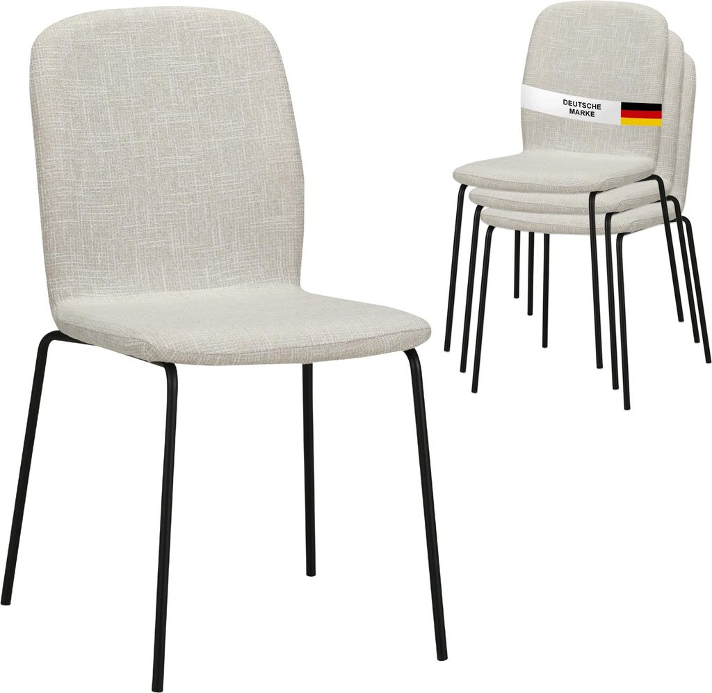A set of four beige dining chairs stacked on a white background. One chair is in the foreground, and three are stacked behind it. A German flag and text are visible on the back of the top stacked chair.