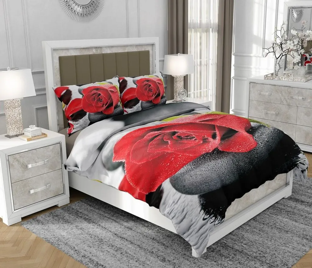 Set Letto Matrimoniale SOVIO 200x220 Cotone con Zip Fiori Rossi