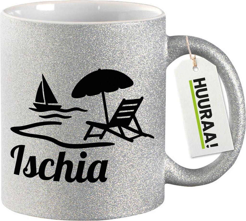 Huuraa Glitzertasse Ischia Inselmotiv Italien 330ml Silber Keramik Kaffeebecher Geschenkidee