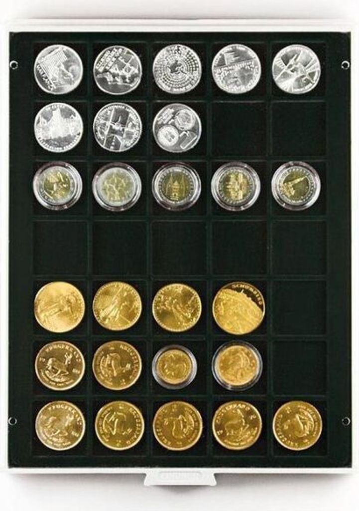 Lindner 2135C Münzbox Carbo mit 35 quadratischen Vertiefungen für Münzen/Münzkapseln mit 36 x 36 mm Carbo-grau / schwarze Einlage