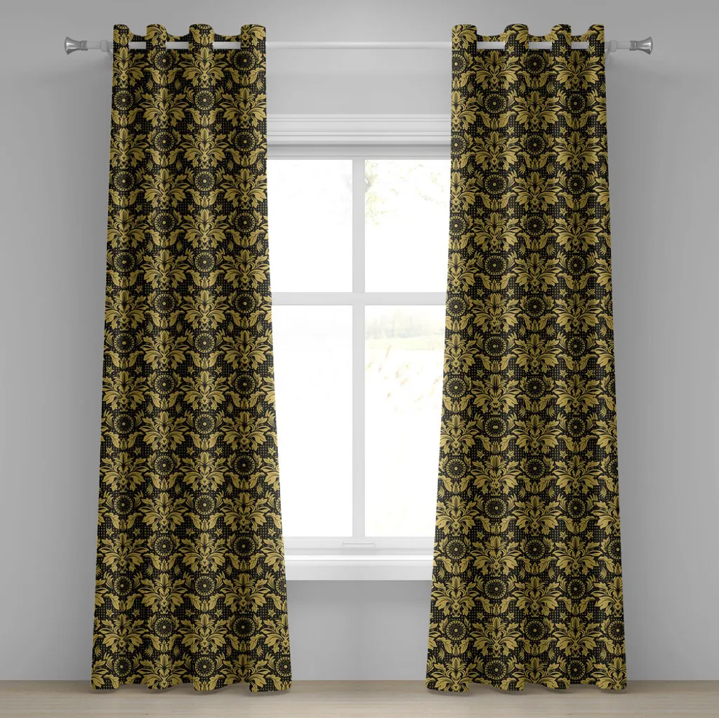 ABAKUHAUS Tenda con occhielli in damasco, motivo antico vittoriano con foglie e grappoli d'uva, design regale con influenze rococò, tende decorative a 2 pannelli, 280 cm x 175 cm, Black Earth Yellow