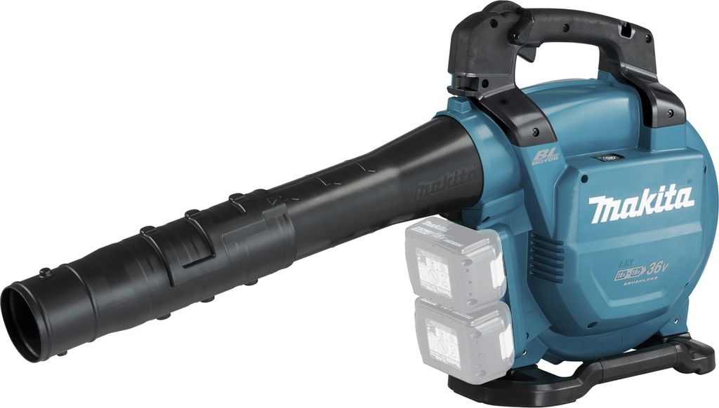 A teal and black battery-powered leaf blower is shown against a white background.