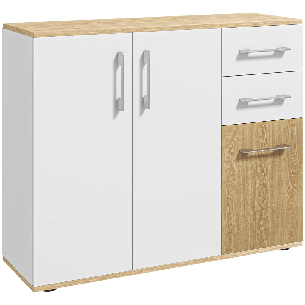 Buffet de Salon HOMCOM avec 3 Portes et 2 Tiroirs Blanc et Bois 90cm