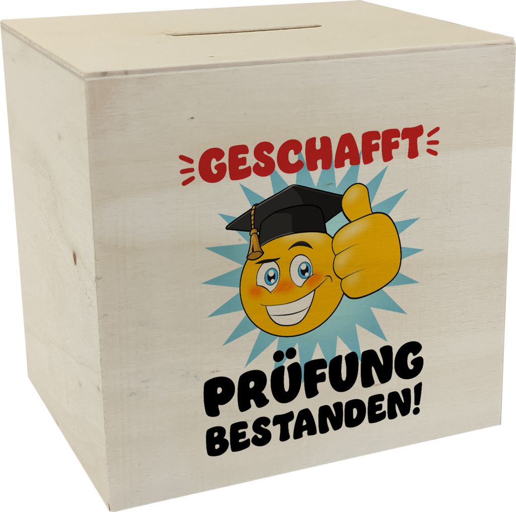 Prüfung bestanden Spardose aus Holz mit Gesicht und Daumen hoch