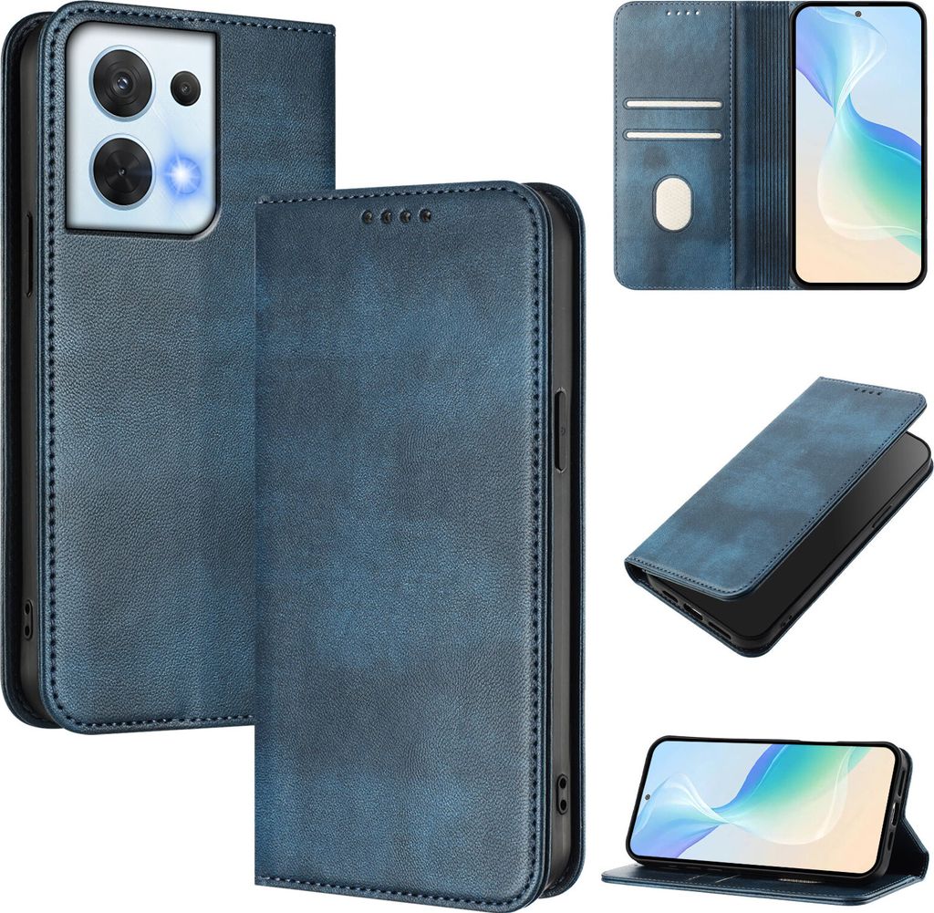 Handyhülle für Oppo Reno8 5G, Vintage Leder RFID Schutz Kartenfach Standfunktion Magnetische Klapphülle Blau