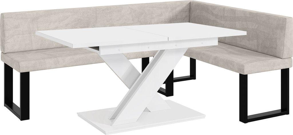 MEBLINI Eckbank für Esszimmer mit ausziehbarem Tisch - Küchenbank - Essecke - Sitzecke Küche - TONI - U-Beine 142x196x87cm Rechts - Beige Samt/B...