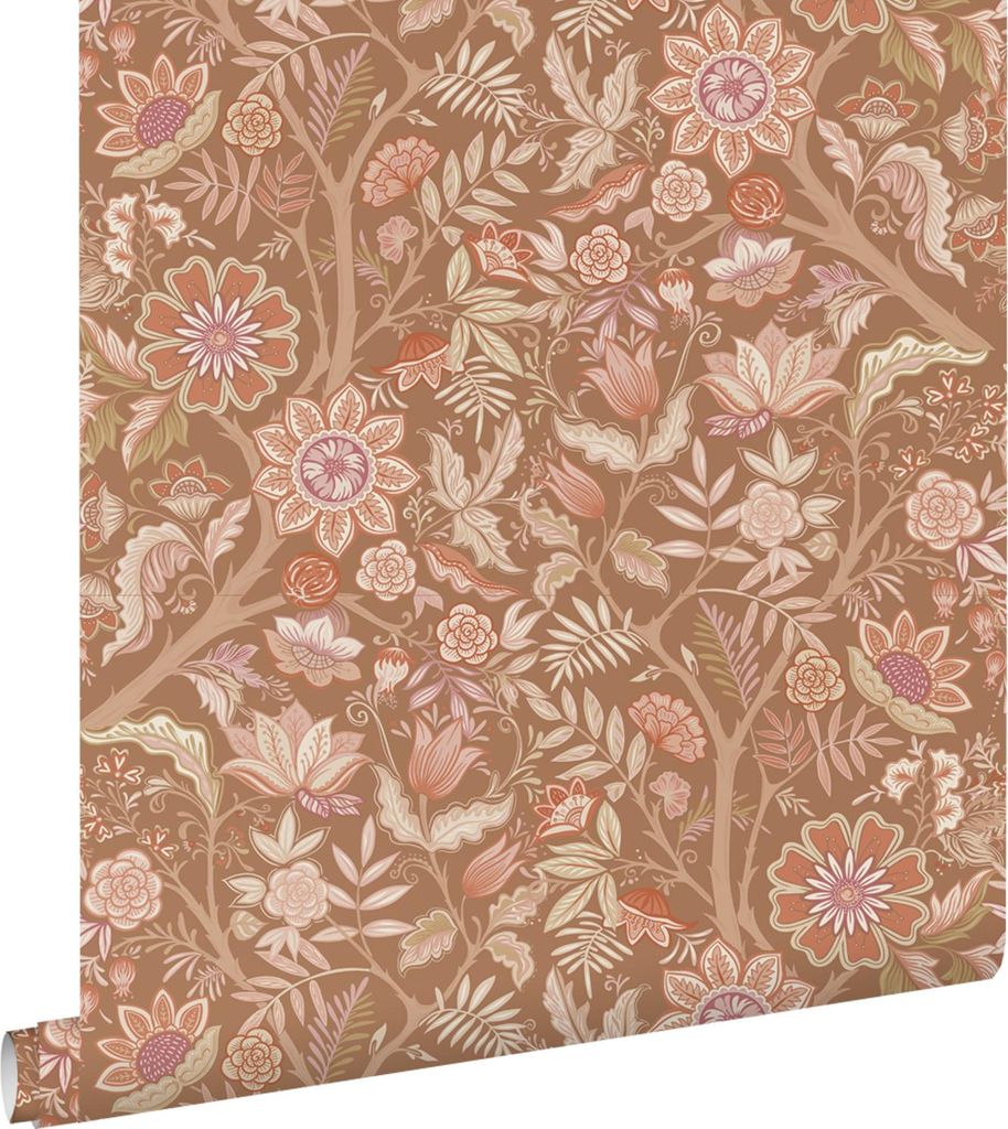 ESTAhome Tapete Blumenmuster Braun, Terrakotta und Lila 50 x 900 cm