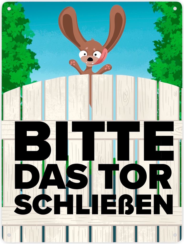 Bitte das Tor schließen Metallschild XXL in 28x38 cm mit lustigem braunem Hund