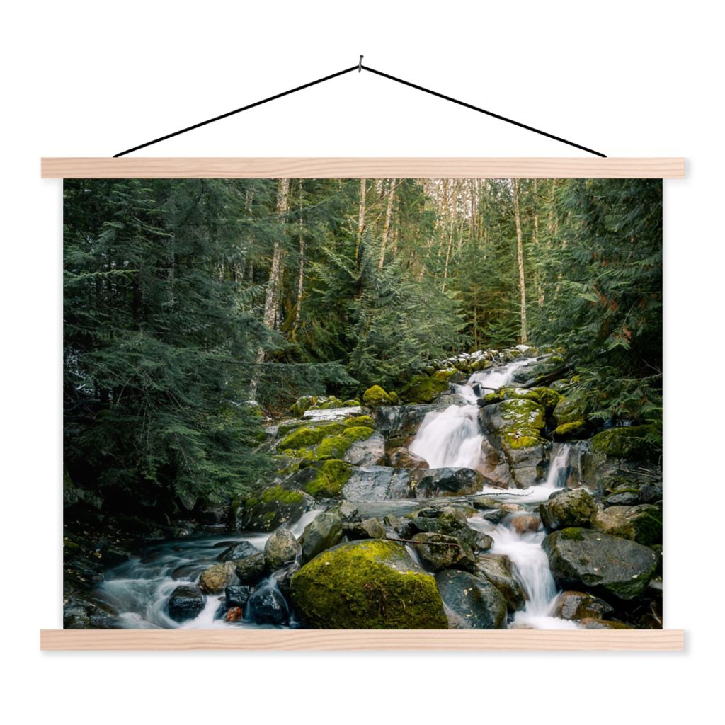 MuchoWow Textilposter Natur - Wasserfall - Bäume - Herbst 40x30 cm mit holzfarbenen Rahmen - Bilder