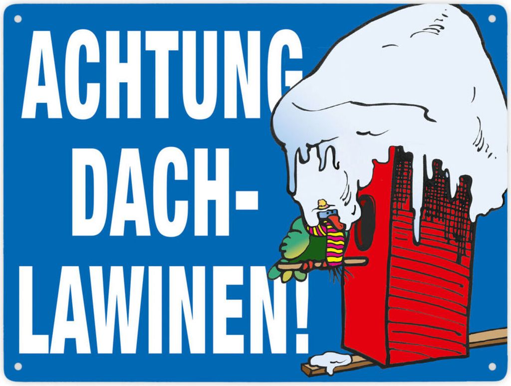 Warnschild für den Winter in blau Achtung Dachlawinen! Mit Comic Vogelhaus