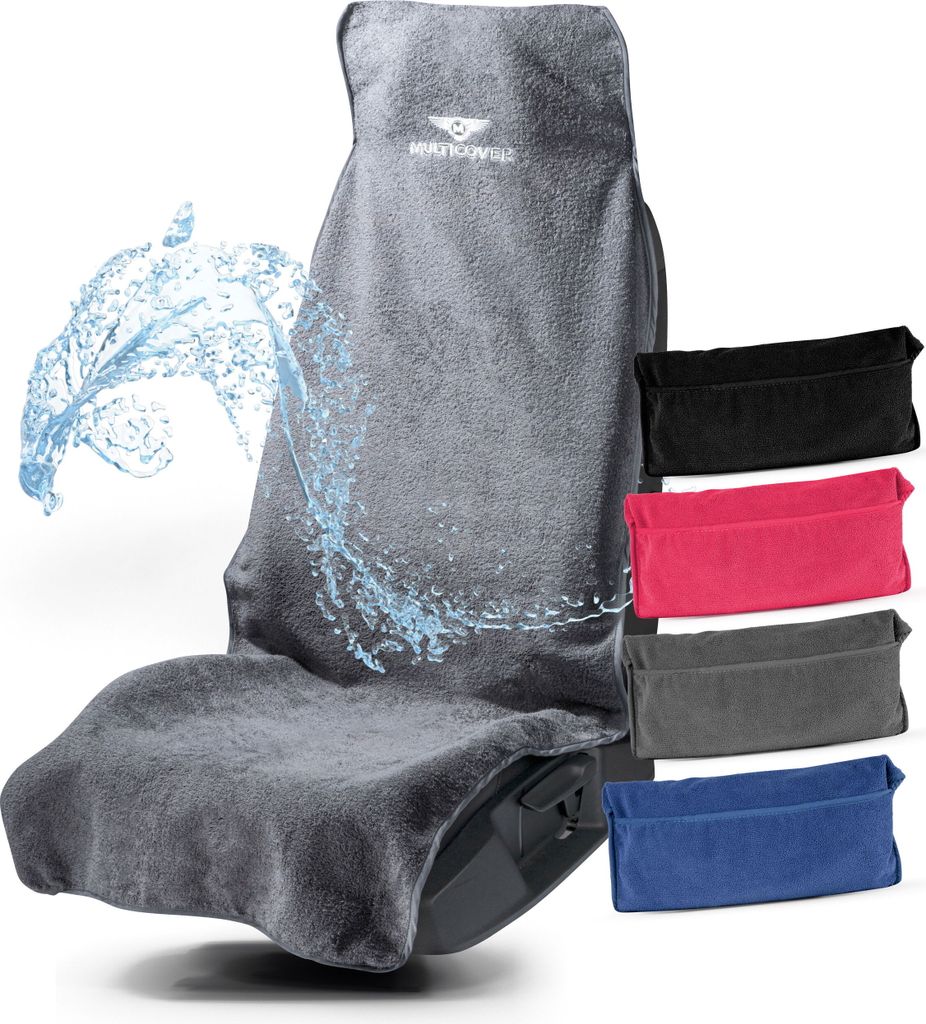 A car seat cover with water splashing on it, and several smaller seat covers in different colors shown to the right.