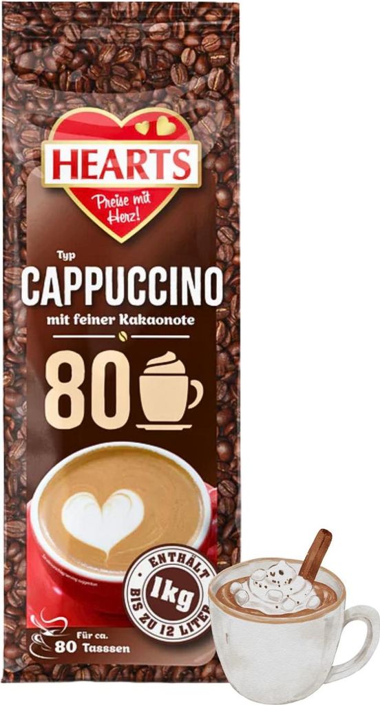 A bag of HEARTS Cappuccino with a cup of prepared cappuccino shown next to it.