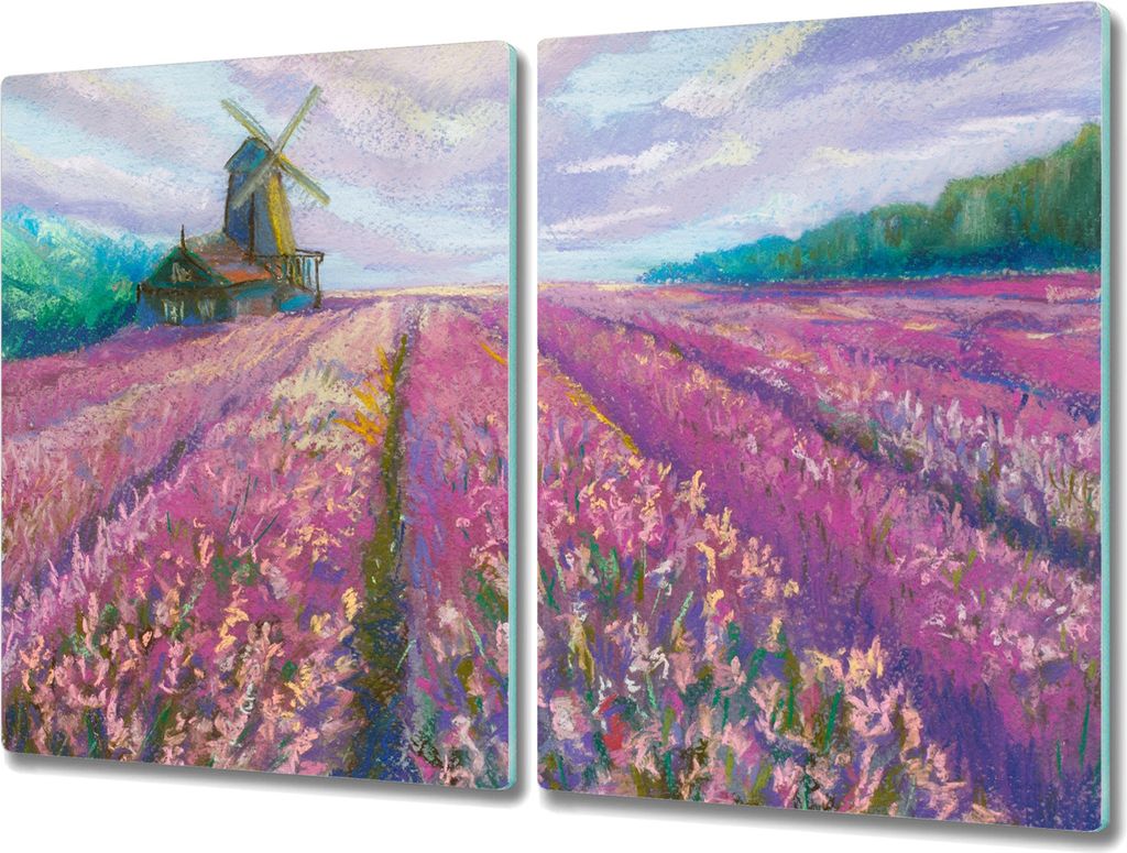 Coloray Herdabdeckplatte 2x40x52 cm Schneidebrett Kochplattenabdeckung Küchenbrett Hackbrett - Wiese Mühle Himmel Wolken
