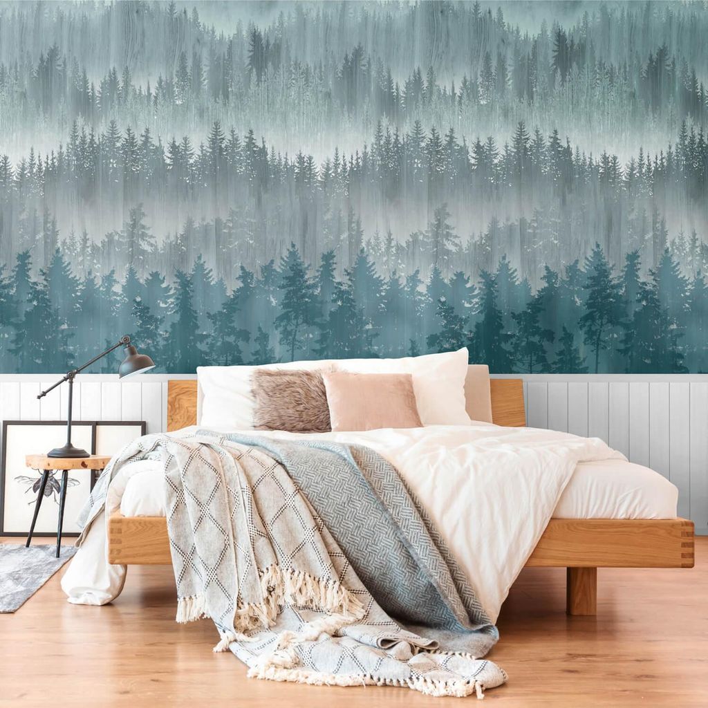 Profhome 398111-GU Fototapete Wald blau pastell-türkis weiß grau 1,59 m x 2,8 m
